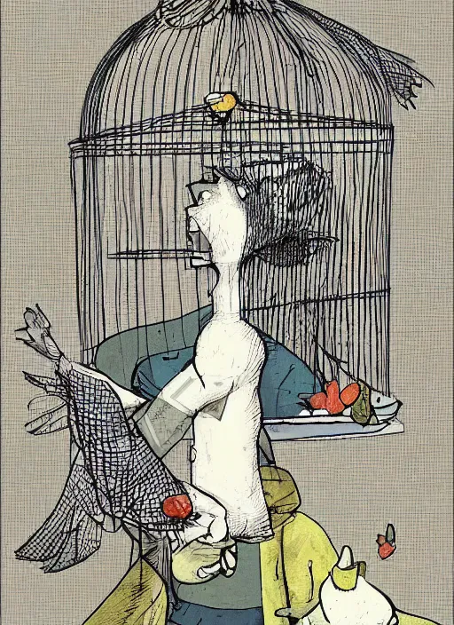 Image similar to a person with a birdcage instead of head by frank frazzetta