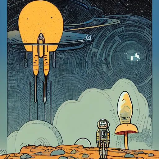 Image similar to A huge Rocket in the shape of a mushroom lifting off from a futuristic planet, by Laurie Greasley
