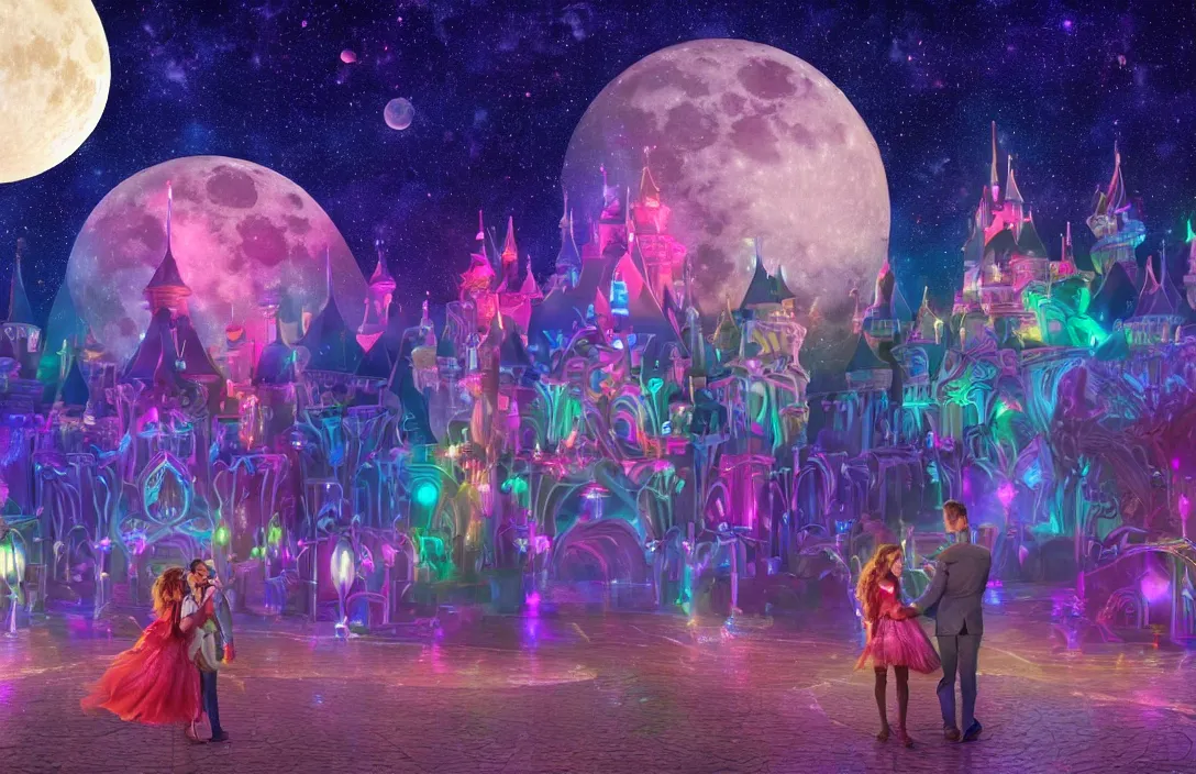 Image similar to boyfriend and girlfriend on a first date in the astral disneyland realm, holding each other, in the background is the astral disneyland resort, with a colorful universe behind it, the moon of disney spirits shines overhead, festive atmosphere, epic fantasy, ultra hd render, + 4 k uhd + very crisp and clear image, romantic