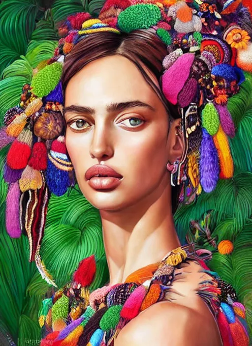 Image similar to beautiful portrait of Irina Shayk wearing fantastic Hand-dyed cotton dress, embellished beaded feather decorative fringe knots ,colorful pigtail,subtropical flowers and plants,symmetrical face,intricate,elegant, highly detailed, 8k,post-processing,digital painting, trending on pinterest, GUCCI,PRADA,concept art, sharp focus, illustration, by artgerm,Tom Bagshaw,Lawrence Alma-Tadema,greg rutkowski,alphonse Mucha