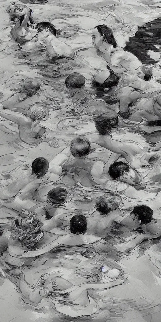 Image similar to oil painting scene from swimming pool by kim jung gi