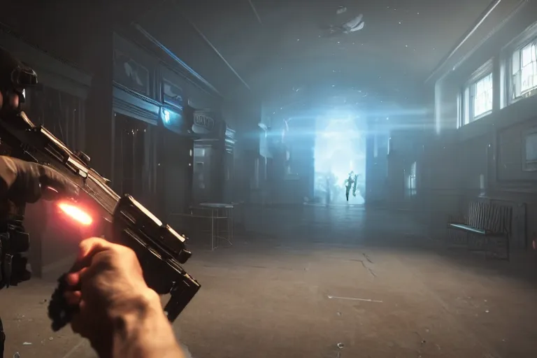 Prompt: a first person shooter game trailer on a victorian shopping mall, cinematic lightning, ray tracing, unreal engine 5, photorealistic, holding a ak - 4 7, fps game concept, extremely detailed, foggy, in - game footage