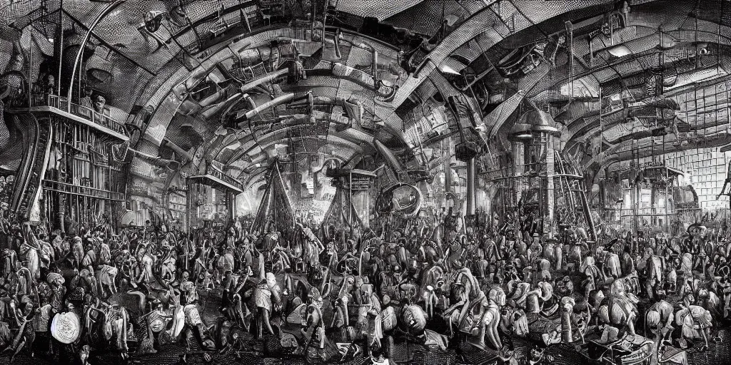 Image similar to interior of a nightmarish boiler room megastructure in the style of heironymus bosch, intricate masterpiece, hyper detailed, hd