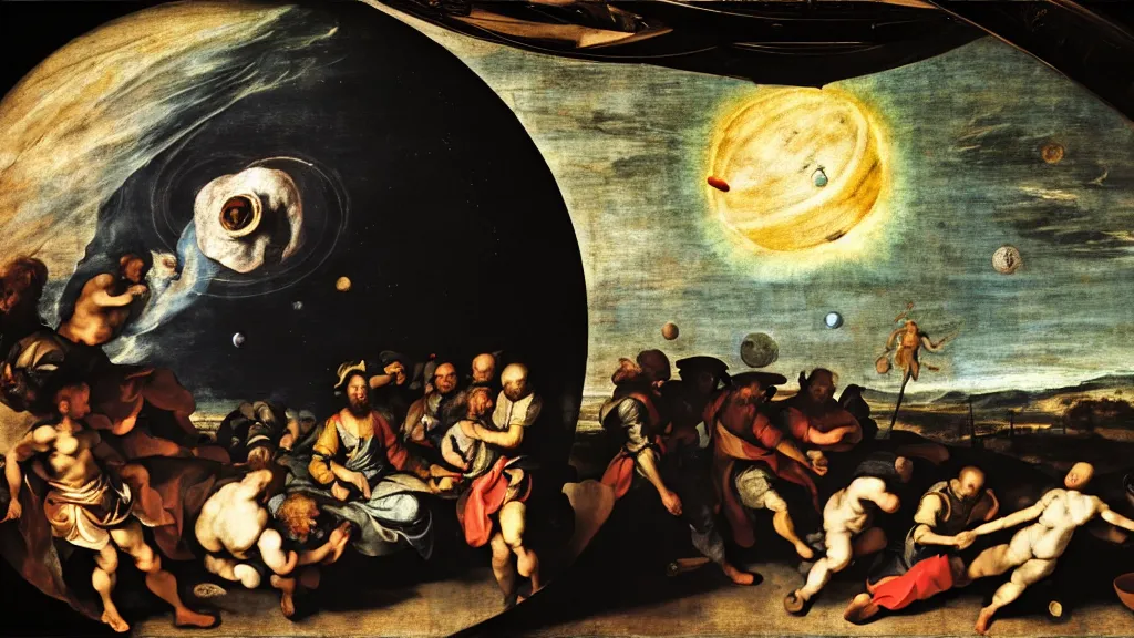Image similar to planet, by annibale carracci, by anthony van dyck, by pieter bruegel the elder, light painting, ultra - wide angle, technicolor, ray tracing global illumination, destruction, black hole