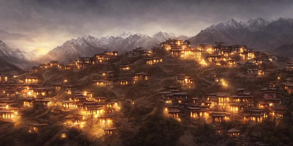 Image similar to tibetan mountain village at dusk, dim volumetric lighting, 8 k octane render, hdr, postprocessing, hyperdetailed, intricate, epic composition, cinematic lighting, masterpiece, trending on artstation, stunning art by anders zorn, extraordinary artwork by greg rutkowski