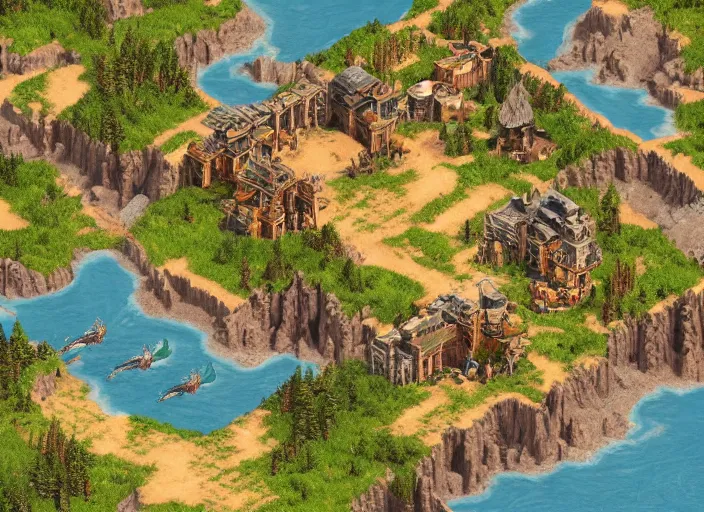 Image similar to isometric map of age of empires video game, procedural, top down, AOE2 , civilization, river, forest, cave, mountain, woods, hills, buildings, snow, , digital art,realistic,detailed,art by greg rutkowski