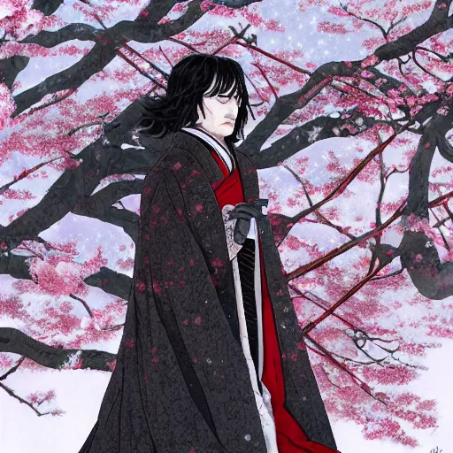 Prompt: detailed portrait of snape samurai with a wand, in snow forest sakura cherry blossom, hakama kimono, trending on artstation elite, elegant, luxury, by krenz cushart, junji ito, takato yamamoto, perfect face, fine details, realistic shaded, fine - face, pretty face