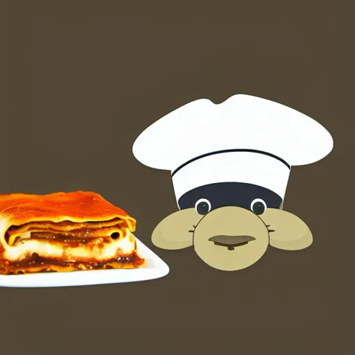 Image similar to cute platypus on a kitchen wearing a chef hat and holding a lasagna into an oven, minimalistic logo style