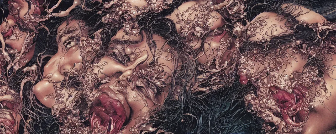 Image similar to closeup of face melting and tongues, by yoichi hatakenaka, masamune shirow, josan gonzales and dan mumford, ayami kojima, takato yamamoto, karol bak