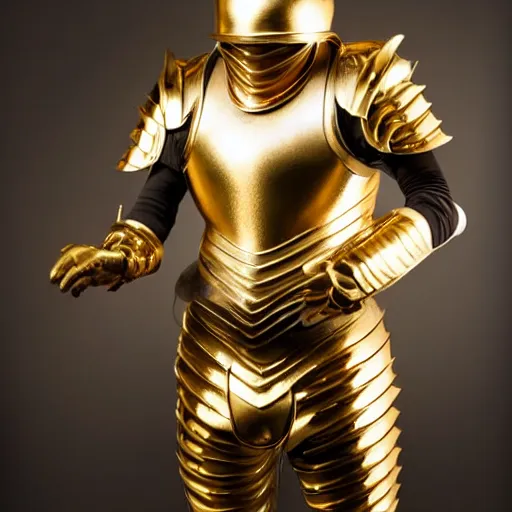 Image similar to a cat wearing gold plated armor, studio lighting