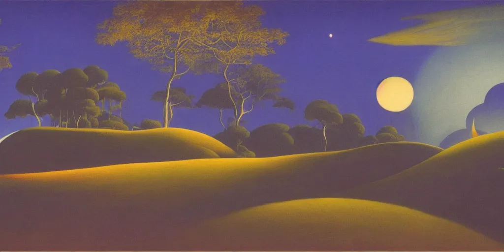 Prompt: a night landscape background, bhupen khakhar, rob gonsavles, eyvind earle, heade martin johnson, edward hopper