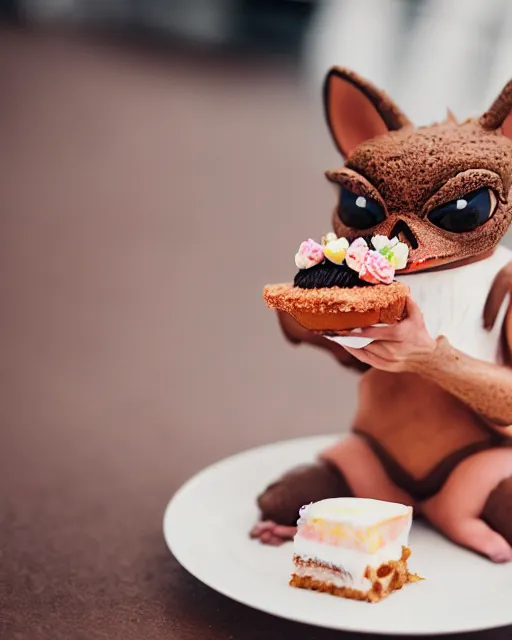 Prompt: high quality presentation photo of a cute gremlin eating a cake, photography 4k, f1.8 anamorphic, bokeh, 4k, Canon, Nikon