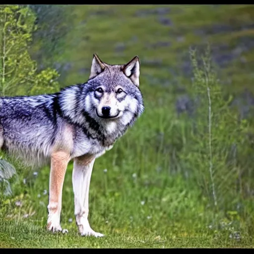 Image similar to Full body photo of a wolf with feathers, real life festhered lupine