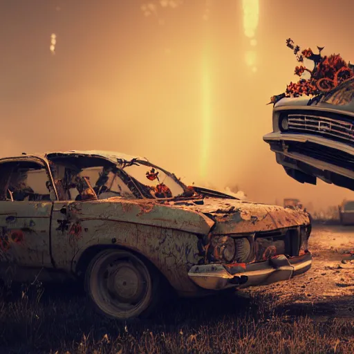 Prompt: two car wrecks on top of eachother, rusty, with graffiti of sun flowers on them, torn, war, realistic photo, octane render, cinematic lightning, 8 k, volumetric illumination