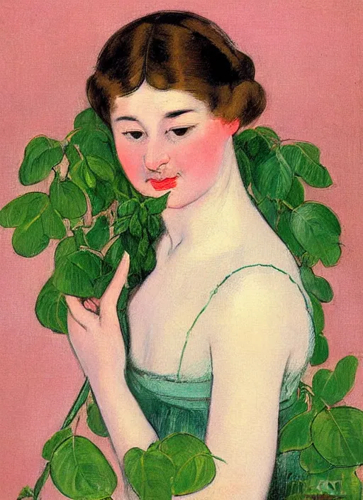 Prompt: vintage beautiful painting of a woman getting suffocated by pear dark green vines in Mary Cassatt style