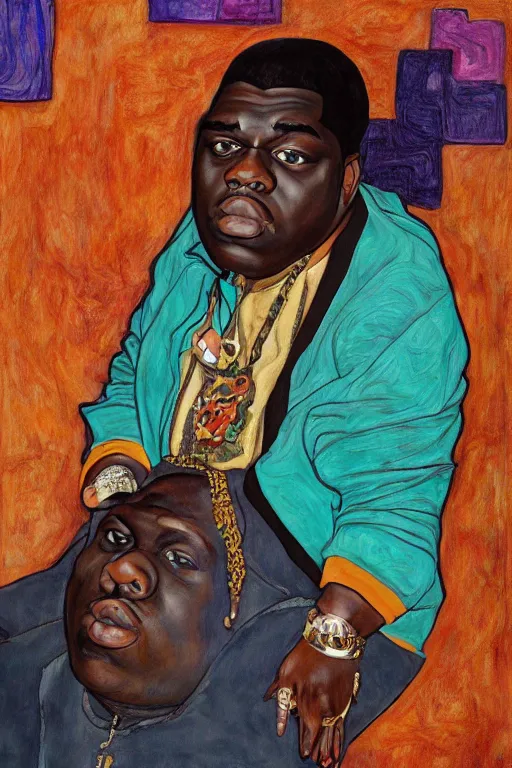 Image similar to a portrait of biggie smalls wearing boho - chic style clothes, full body!!, realistic painting in egon schiele style, masterpiece, hyperdetailed, complex, intricate, 4 k, trending on artstation