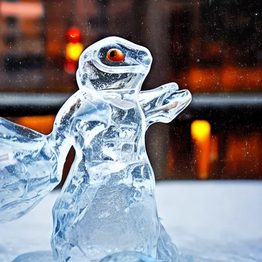 Prompt: clear ice sculpture of charmander, photography