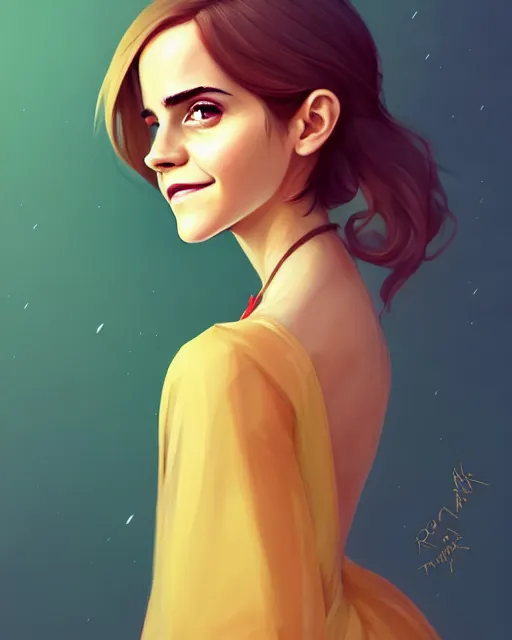 Image similar to a portrait of a beautiful full body Emma Watson smiling, pretty gold and red dress, art by lois van baarle and loish and ross tran and rossdraws and sam yang and samdoesarts and artgerm, digital art, highly detailed, intricate, sharp focus, Trending on Artstation HQ, deviantart, unreal engine 5, 4K UHD image