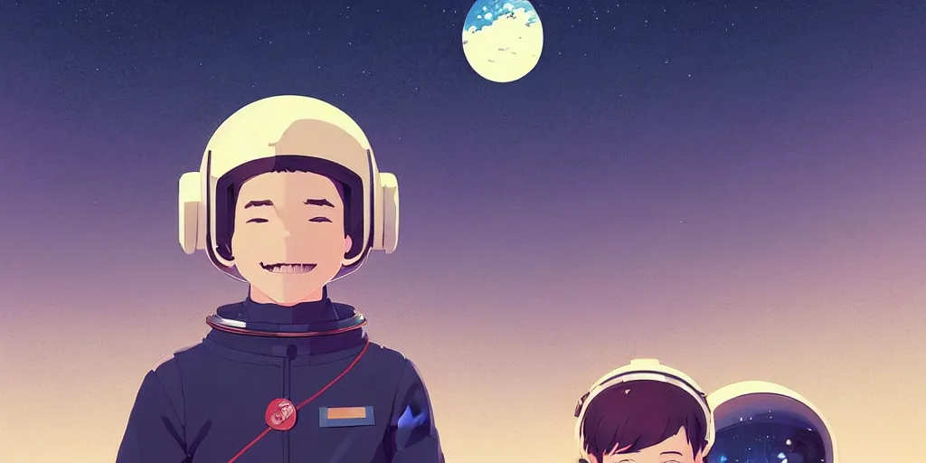 Image similar to portrait of a smiling boy with astronaut helmets by ilya kuvshinov, cloudy sky background lush landscape ln illustration concept art anime key visual trending pixiv by victo ngai fanbox by greg rutkowski makoto shinkai takashi takeuchi studio ghibli