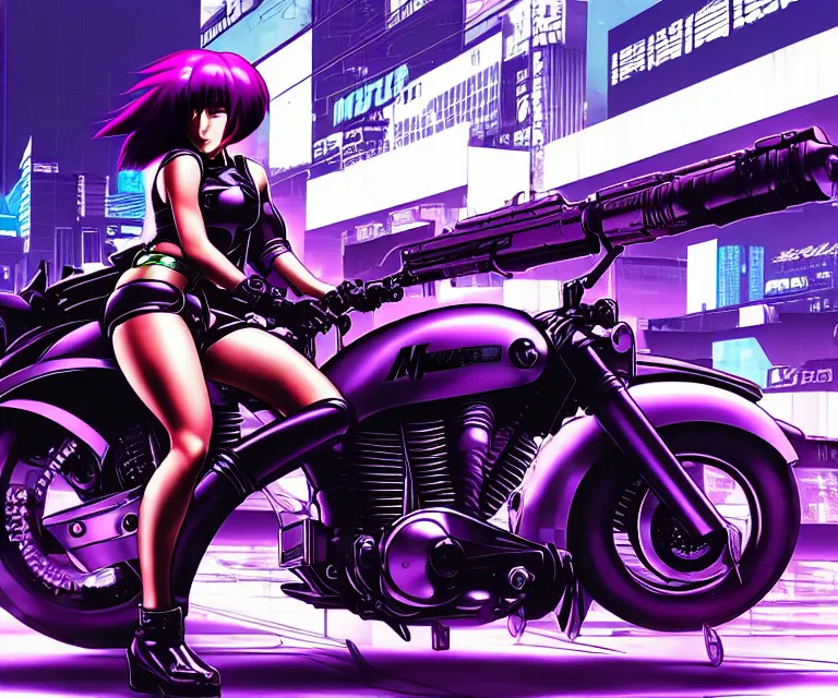 Image similar to motoko kusanagi riding a cyberpunk vehicle in a grungy cyberpunk megacity, bosozoku gang war, cyberpunk vaporwave, by phil jimenez, artgerm, sola digital arts, anti aliasing, raytracing