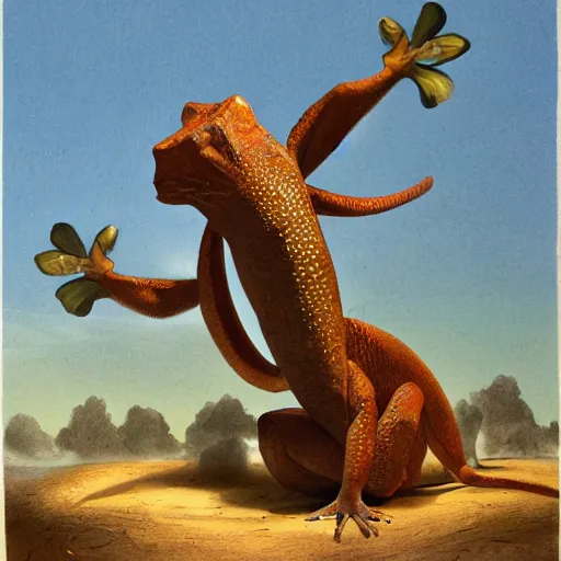 Image similar to a man rites a saddled gigantic Gecko, Fantasy Art