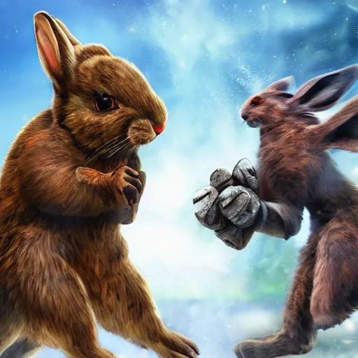 Image similar to intense battle between bipedal bunnies and humanoid eagles