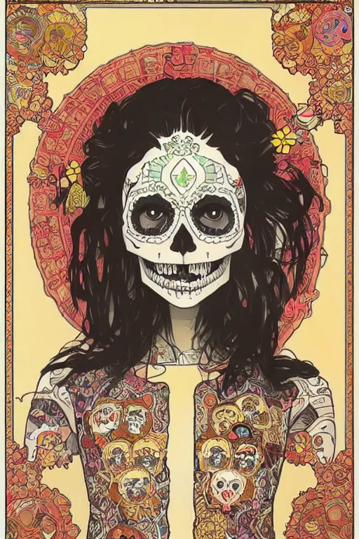 Prompt: skull portrait girl female skeleton illustration detailed patterns art of thai traditional dress, pop art, splash painting, art by geof darrow, ashley wood, alphonse mucha, makoto shinkai