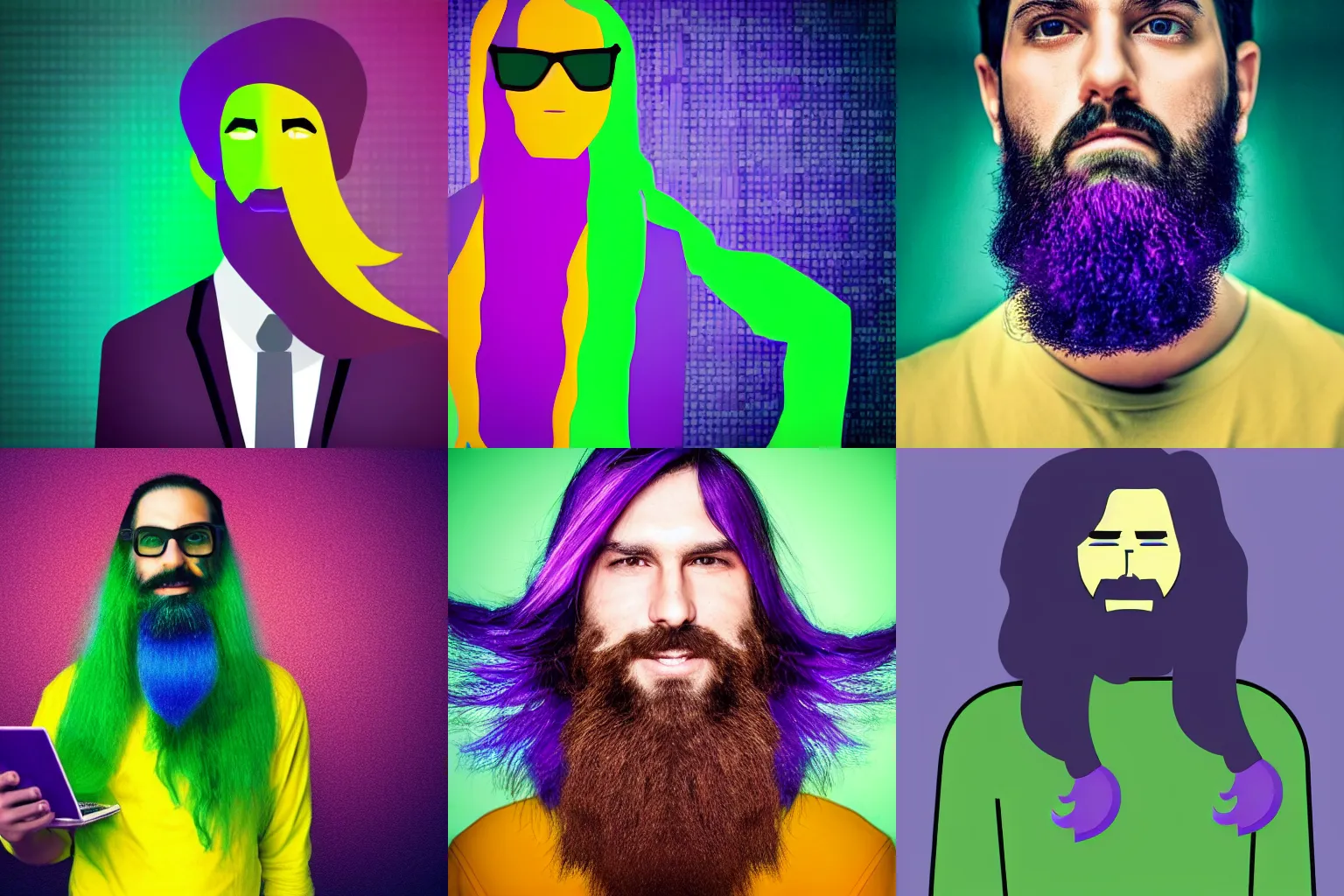 Prompt: digital man with long hair. beard. Purple. Yellow. Blue. Green.