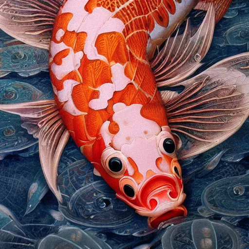 Image similar to A close up image of a large and intricately detailed Koi fish in an insanely beautiful Koi Pond, scales, intricate, Wildlife photography, highly detailed, artstation, concept art, smooth, sharp focus, illustration, art by greg rutkowski and orientalism and bouguereau and Zdzislaw Beksinski, good clear quality, lighting, biology, symmetrical artwork, 135 mm, cinematic, hyper realism, high detail, octane render, 8k, chrome accents