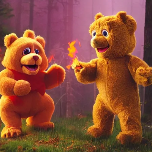 Image similar to candid photo of Teddy Ruxpin on fire in the woods, fighting valiantly against Smokey The Bear by Annie Leibowitz, photorealisitc, extremely detailed