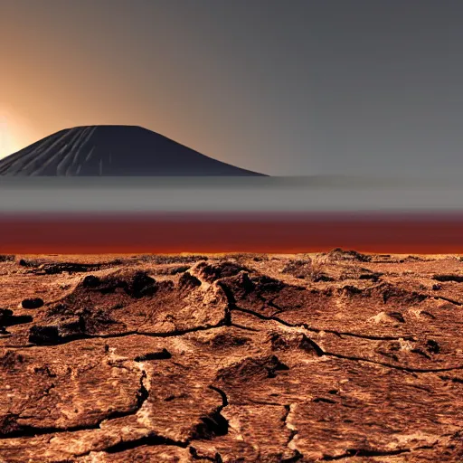 Prompt: view from the surface of a planet with tan dirt with cracks and thick atmosphere blocking the view of the sun and volcanos in the distance with yellow haze