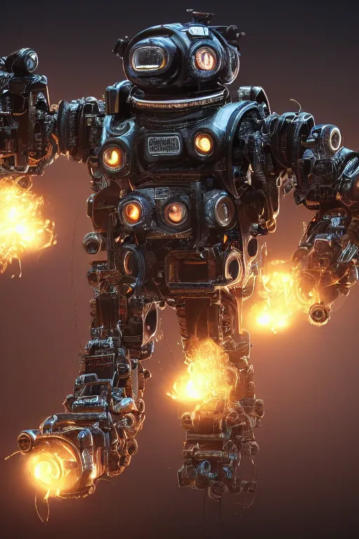 Prompt: an extremely intricately hyper detailed robot lots of cables and lights and connections, highly detailed perfect render, realism. concept art. unreal engine 5, f / 1. 8, v - ray, ultra hd, 8 k, atmospheric beautiful background and beautiful lighting. iron forge background lots of sparks and fire. god rays, volumetric lighting. hyper realism.