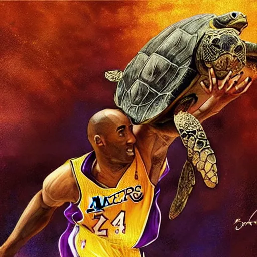 Image similar to kobe bryant riding on a turtle in heaven, amazing digital art, amazing detail, fantasy art, artstatiom, cgsociety, epic art