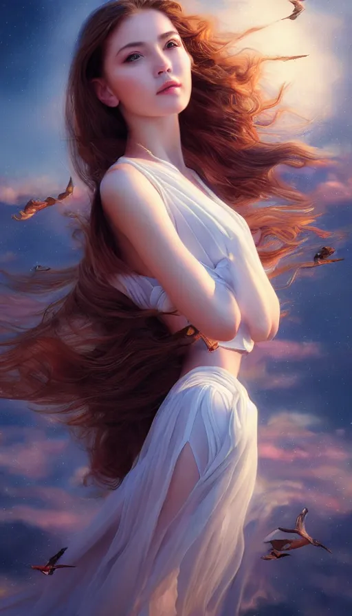 Image similar to photo of a gorgeous young girl flying, searching for eternity in the style of stefan kostic, realistic, sharp focus, 8k high definition, high fashion, vogue, insanely detailed, intricate, elegant, art by stanley lau and artgerm, sigma 85mm art