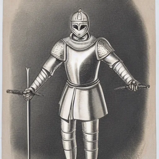 Prompt: a masked warrior in silver armour, wearing a tall, conical helmet clutching a sword