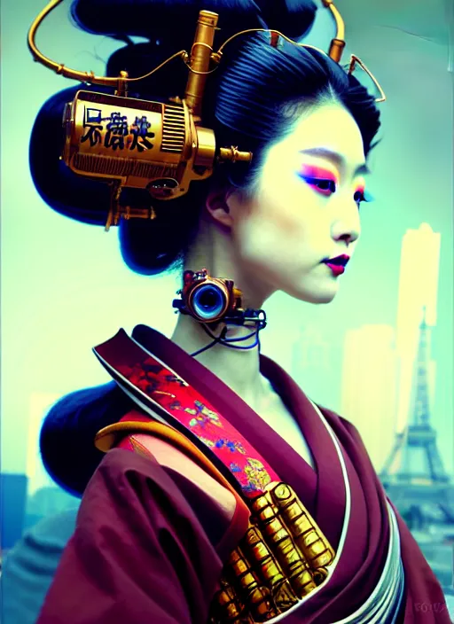 Image similar to beautiful japanese geisha wearing vr eyepiece, robotic, android, cyborg, cyberpunk face, steampunk, fantasy, intricate, elegant, highly detailed, colorful, vivid color, digital painting, cool mixed warm lighting, artstation, concept art, art by artgerm and greg rutkowski and ruan jia,