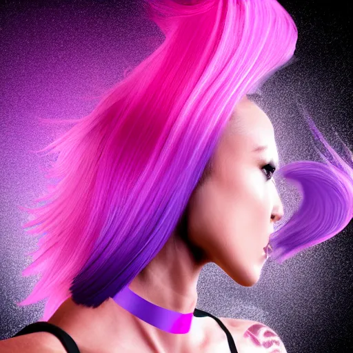 Prompt: a award winning action upper body portrait of a beautiful woman with a ombre purple pink hairstyle with head in motion and hair flying, choker, outrun, vaporware, vivid colors, highly detailed, fine detail, intricate
