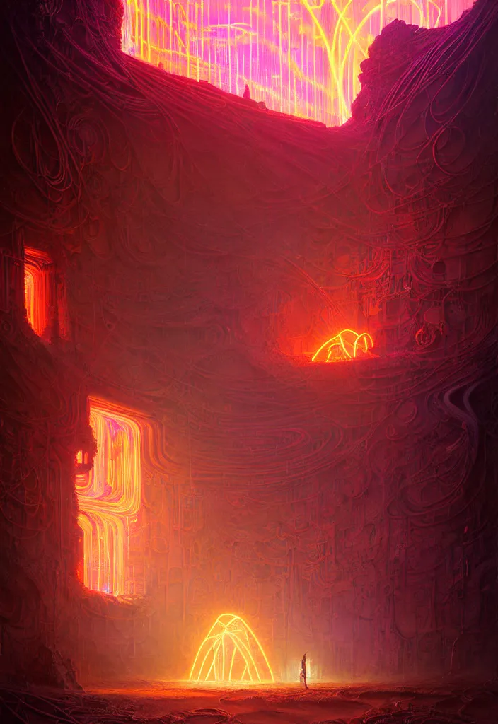 Image similar to Portrait of a young techno-mage casts glowing neon magic inside a ancient steel ruins. Barchans and dunes of sand. Art by Finnian MacManus, Simon Stalenhag, Arthur Rackham. Masterpiece, fantasy art, steampunk, hyperdetailed, photorealistic, hyperrealism