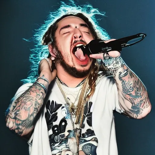 Image similar to post malone, sneezing
