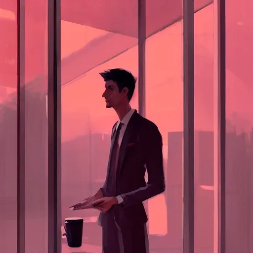 Image similar to concept art by greg rutkowski, very tall and slim young man, standing drinking a coffee looking out a large rectangular window inside a futuristic office, reddish exterior lighting, scifi, highly detailed portrait, digital painting, artstation, concept art, smooth, sharp foccus ilustration, artstation hq