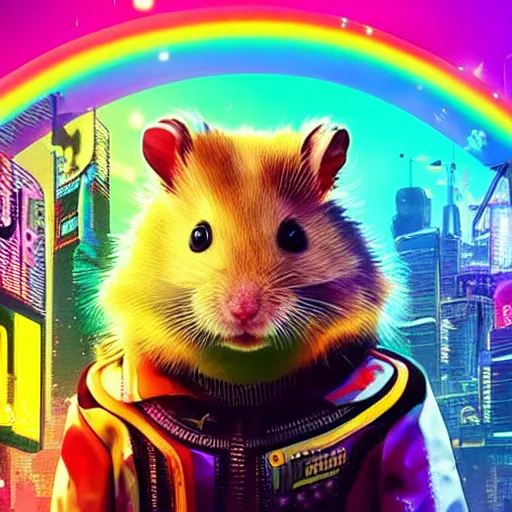 Image similar to hamster with rainbow fur in the style of cyberpunk 2 0 7 7, 8 k, hd, light reflection