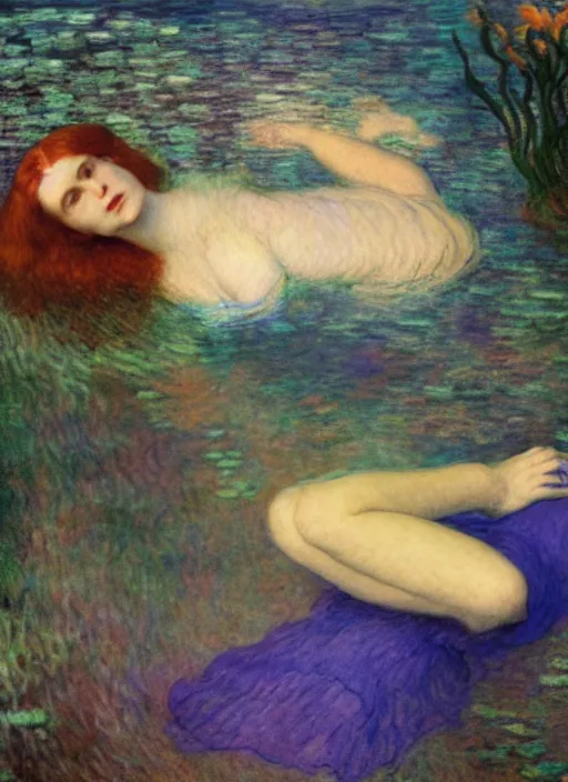 Image similar to lady laying under the sea on the seabed amongst the weeds, underwater shot, submerged, medium shot, on the bed of the river preraphaelite colour photography by rosetti and monet, 8 k