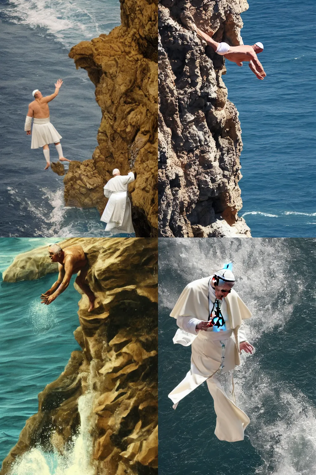 Prompt: The Pope diving into the ocean from a cliff, high quality