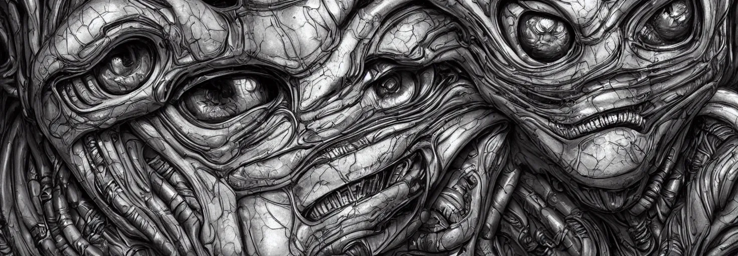 Image similar to engineer alien face by Artgerm, xenomorph alien, highly detailed, symmetrical long head, cinematic colour, smooth marble surfaces, detailed ink illustration, raiden metal gear, cinematic smooth stone, deep aesthetic, concept art, post process, 4k, carved marble texture and silk cloth, latex skin, highly ornate intricate details, prometheus, evil, moody lighting, hr geiger, hayao miyazaki, indsutrial Steampunk, by Artgerm
