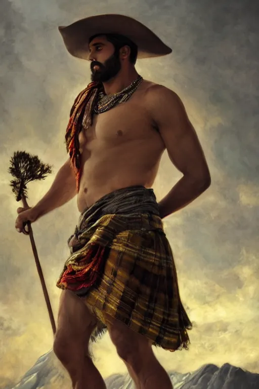 Prompt: a dramatic epic beautiful ethereal painting of a handsome beefy shirtless desi cowboy in the mountains | he is wearing a plaid kilt and cowboy hat, and holding a walking stick | background is clouds and mountains | dramatic lighting, golden hour, homoerotic, realistic, art nouveau | by mark maggiori and walter crane | trending on artstation