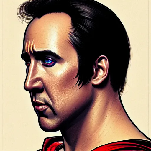 Image similar to portrait of nicolas cage as superman, intricate, elegant, highly detailed, digital painting, artstation, concept art, smooth, sharp focus, illustration, art by artgerm and greg rutkowski and alphonse mucha, 8 k