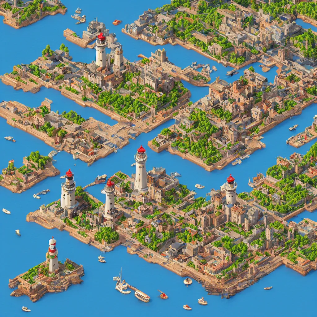 Prompt: isometric voxel bay with a medieval city. A port with sailboats. A lighthouse in the water, stone towers of a castle block of art. hd, detailed, 4k, concept art.