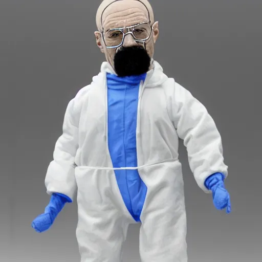 Image similar to Walter White as a stuffed animal in a hazmat suit with an Erlenmeyer flask and blue crystals, photorealistic