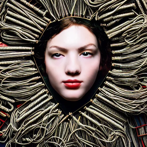 Image similar to tapping in to something greater, piles of modular synth cables, goddess portrait wearing a big headpiece made of circuit boards in a photo shoot for balenziaga, wlop, stanley kubrick, masamune, unique perspective, eastman color, perfect details, trending on artstation, 3 d render, smooth render, wlop