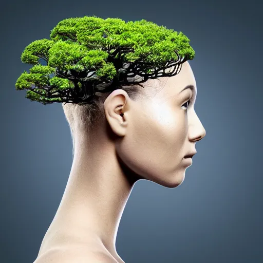 Prompt: A female cyborg head facing towards the right with flowing hair that looks like a bonsai tree